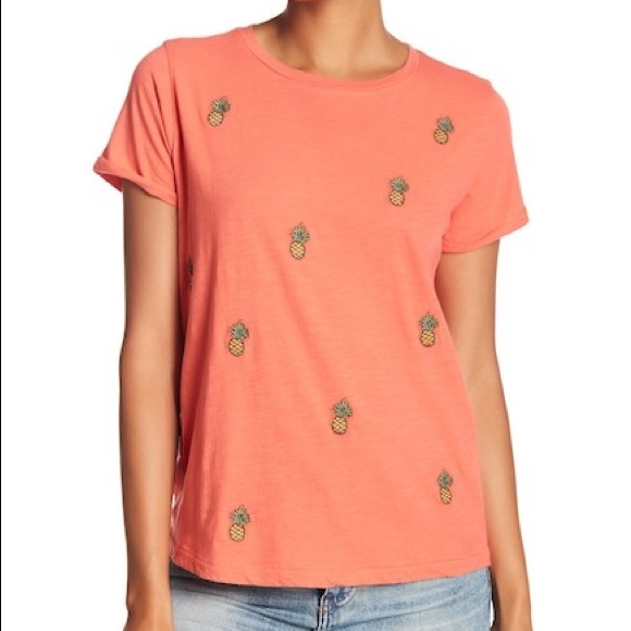 Lucky Brand Womens Pineapple Embroidered Short Sleeve Graphic T-Shirt